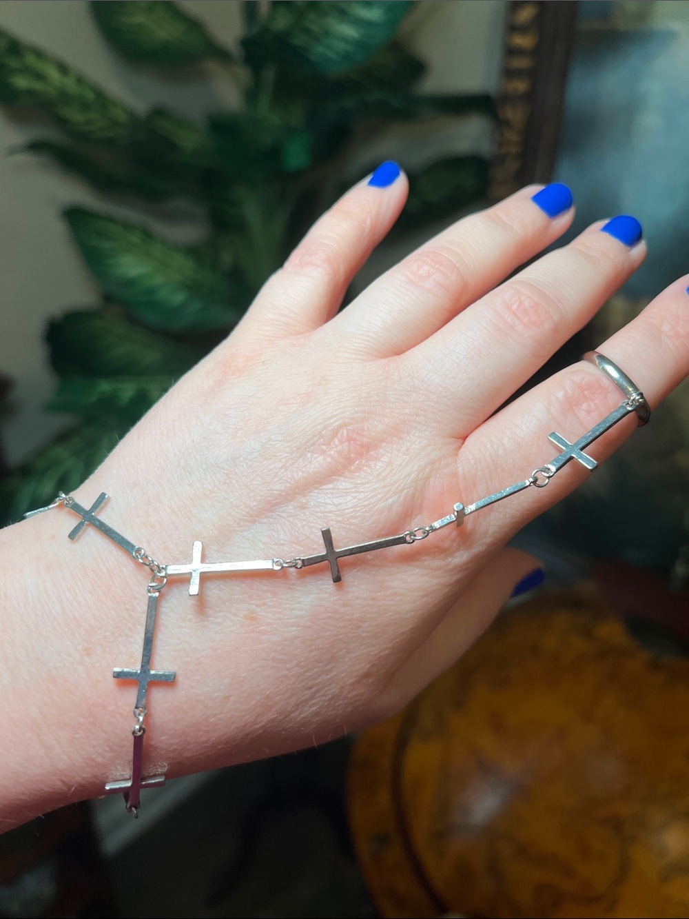 Religious Silver Gothic Cross Link Chain Ring Bracelet Slave Bracelet